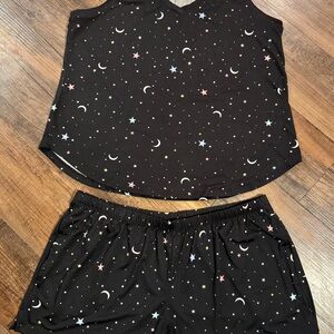 JoySpun Womens LG Celestial Black Moon Stars Pajama Set Sleeveless Shorts Soft